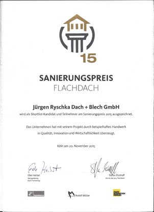 Urkunde des Sanierungspreises fuer besondere 